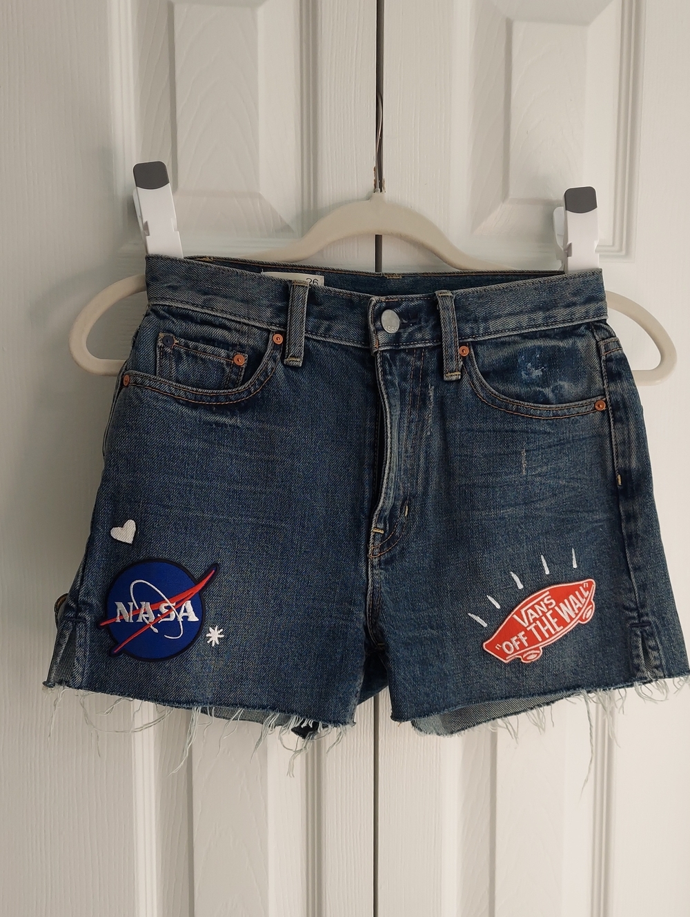 GAP 1969 Shorts, Size 26, High Rise Blue Denim, Custom Decals, Frayed